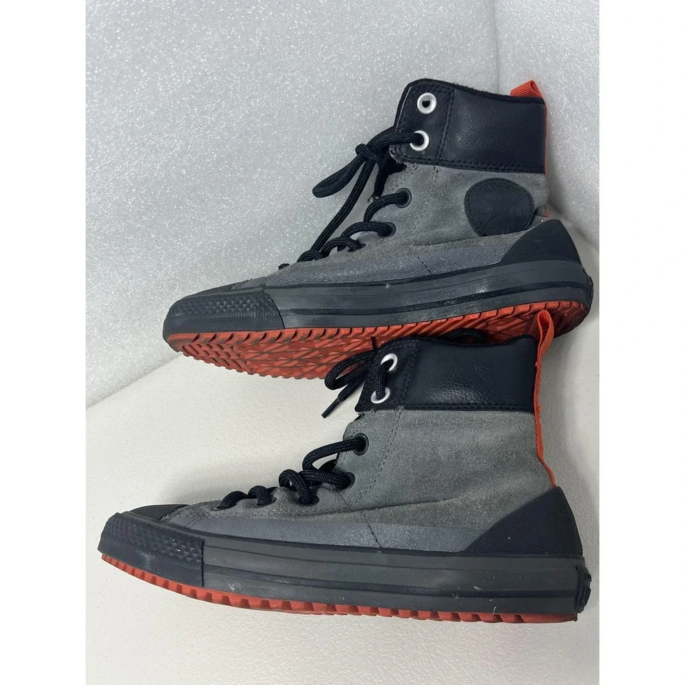 Converse All Star Shoes Kids Size 3 Gray‎ Black Leather High Top Lined Sneakers